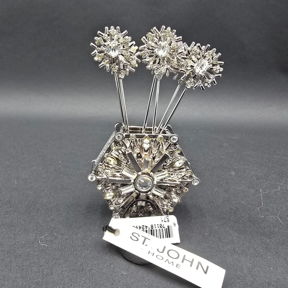 St. John Home Crystal Snowflake Cocktail Pick Set with Holder Silver Tone New